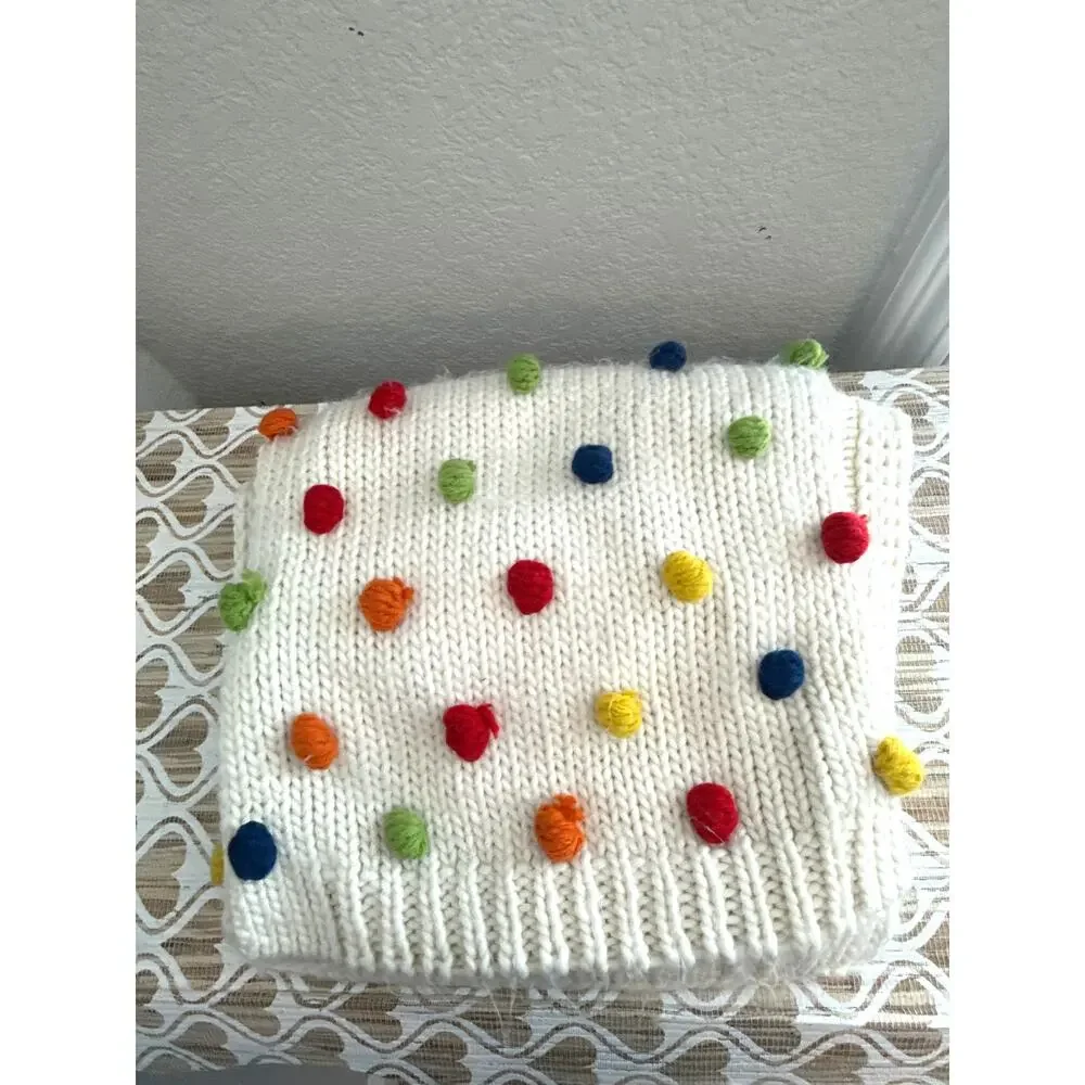 ModCloth Cream with Multicolor Rainbow Pom Pom Scarf